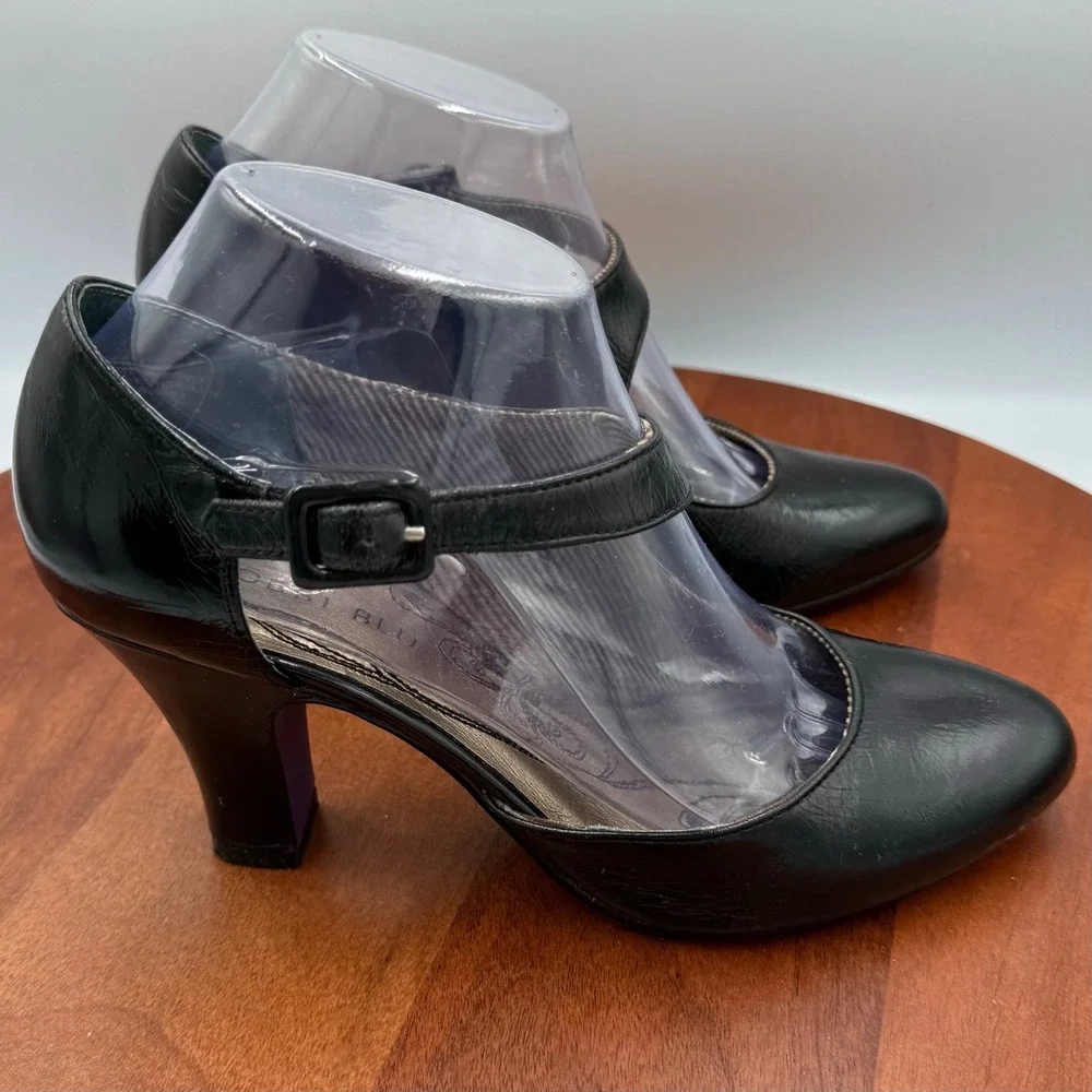 Bobbi Blu Gail Black Leather Mary Jane Pumps Round Toe Block Heel‎ Womens 7.5 M